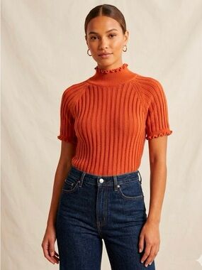 Keighlen Rust Orange Ribbed Ruffled Short Sleeve Sweater Top